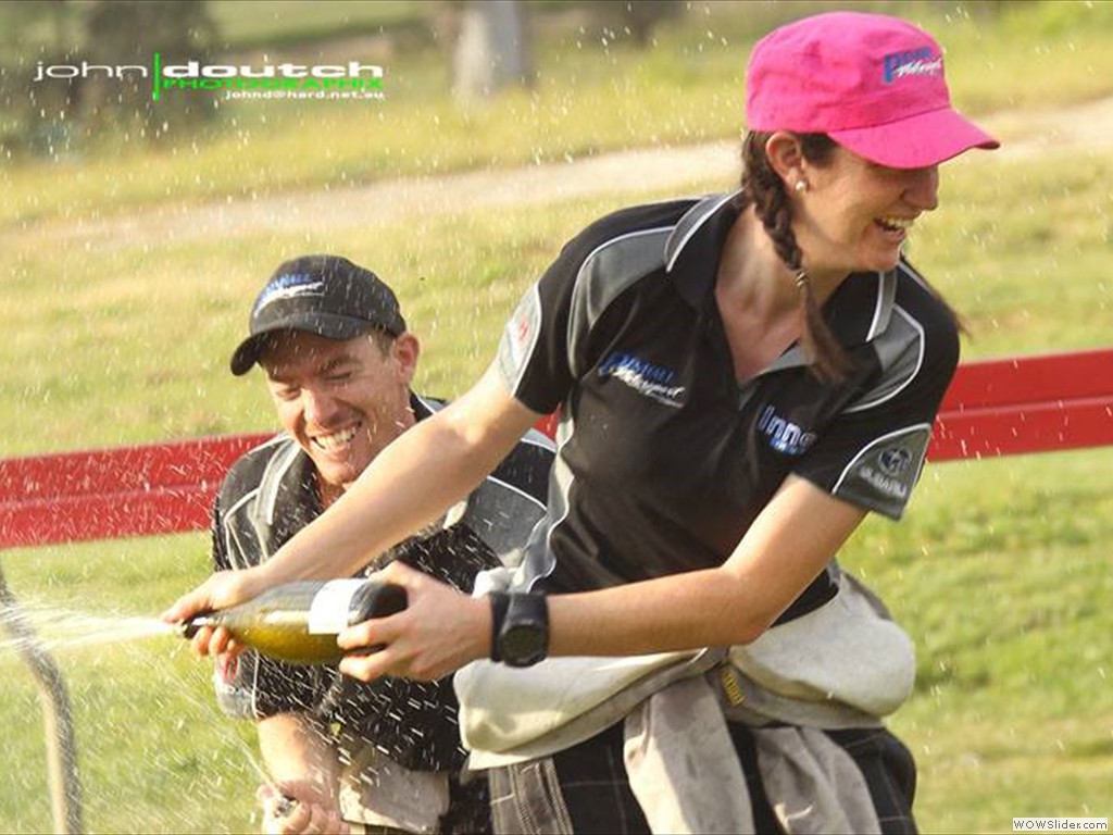 Tristan Penhall & Jolie Middleton celebrating their win at Akademos Rally